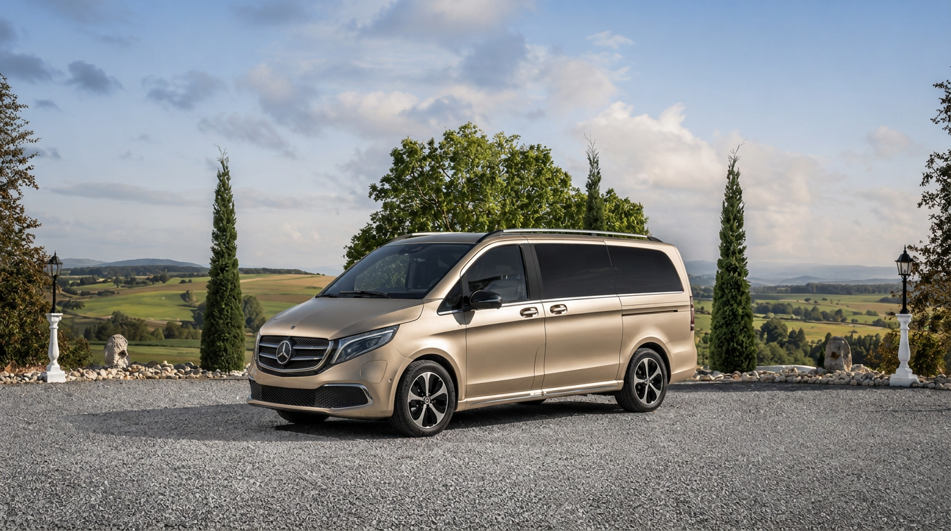 Plate-free Mercedes-Benz EQV airport transfer vehicle