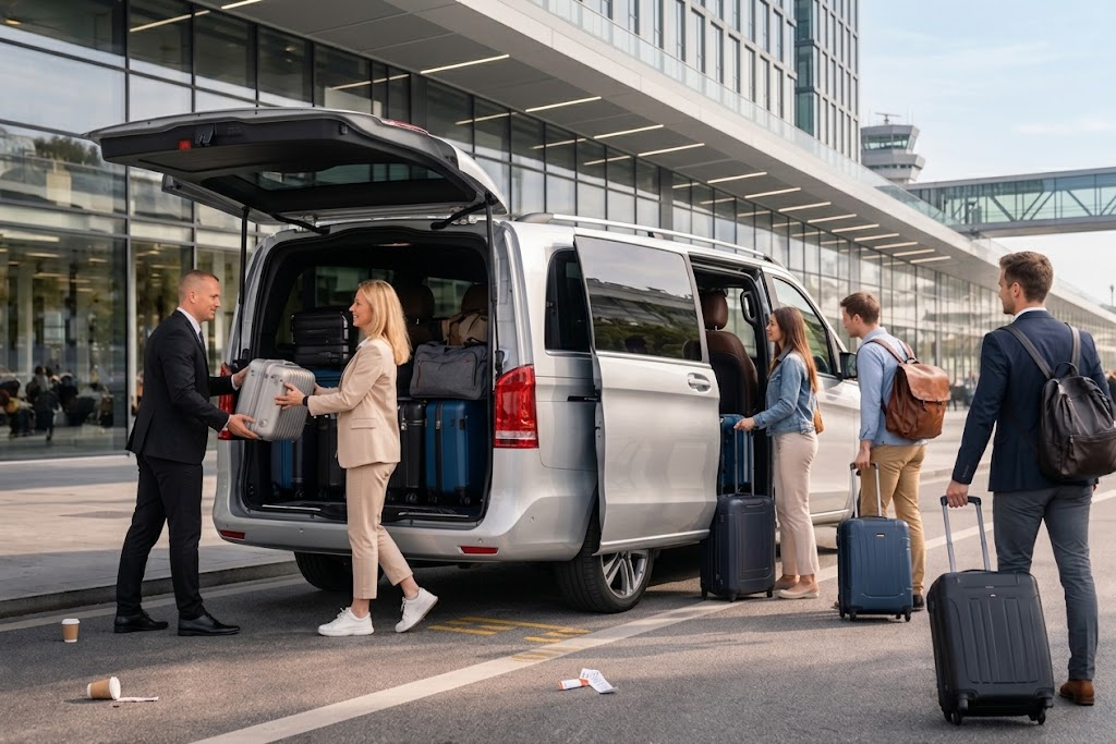 Professional chauffeur assisting passengers with luggage at the airport beside a luxury transfer vehicle