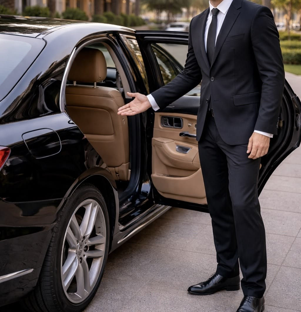 Gloved chauffeur opening the rear door of a black luxury car